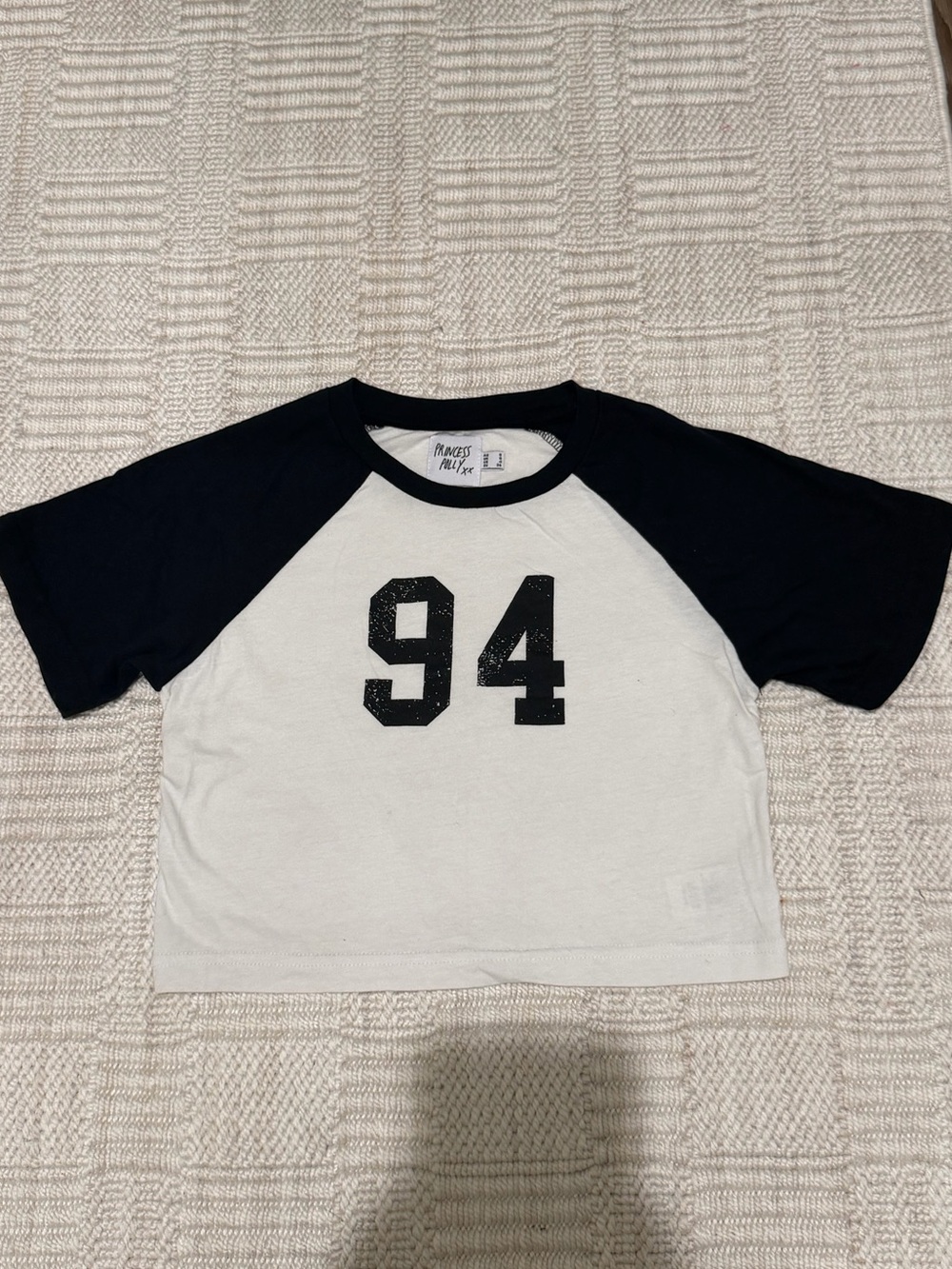 Princess Polly White and Black Raglan Tee with '94' Graphic